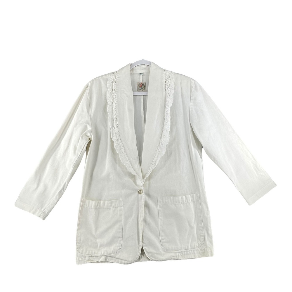 VTG Cherokee Denim White Lace Trim Blazer Jacket Womens Size Medium‎ Made in USA